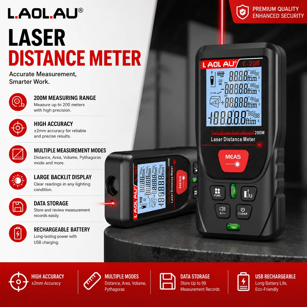 Power Tools Red - Télémètre laser numérique LAOLAU, 50m/100m/120m/200m faisceau